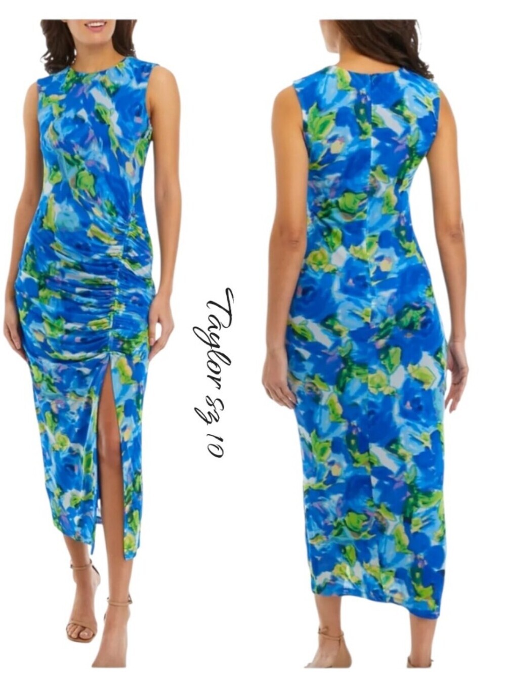 Taylor Blue Green Watercolor Floral Mesh Ruched Midi Dress Slit 10 NWT